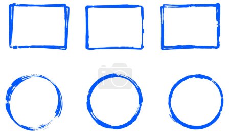 Set von Rechteckrahmen und Kreisen mit blauer Grunge-Farbe bemalt