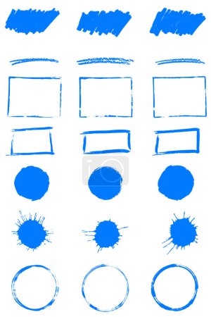 Set of Frames, Banner, Circles, Blots and Rectangles painted with blue grunge color