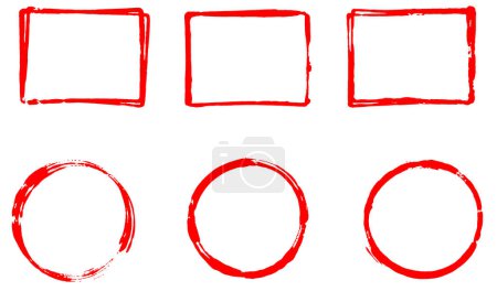 Set von Rechteckrahmen und Kreisen mit roter Grunge-Farbe bemalt