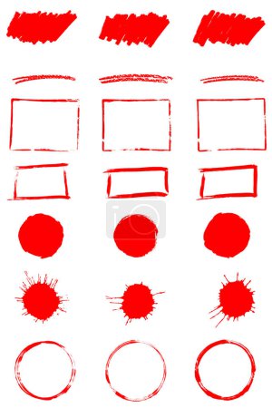 Set of Frames, Banner, Circles, Blots and Rectangles painted with red grunge color