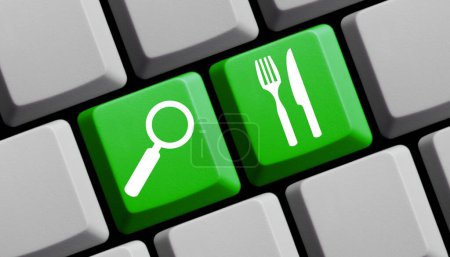 Green computer keyboard: Find restaurants - 3d illustration