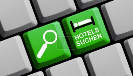 Green computer keyboard: Find Hotels in german langauge - 3d illustration