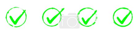 Set of 4 hand drawn green paintbrush check marks in circles