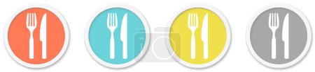 4 round Buttons with Cutlery or Restaurant Icon red, blue, yellow and grey