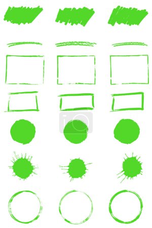 Set of Frames, Banner, Circles, Blots and Rectangles painted with green grunge color