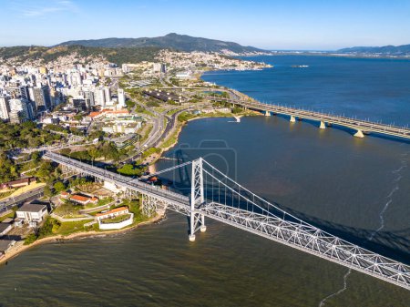 Photo for Florianopolis in Santa Catarina. Hercilio Luz Bridge. Aerial image. - Royalty Free Image