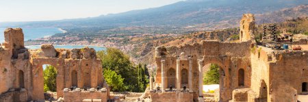 Greek theater in Taormina and Etna Mont. Europe. Banner Web with copy space.