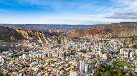 La Paz, Bolivia, aerial view flying over the dense, urban cityscape. San Miguel, southern distric. South America