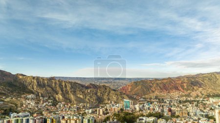 La Paz, Bolivia, aerial view flying over the dense, urban cityscape. San Miguel, southern distric. South America
