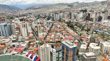 La Paz, Bolivia, aerial view flying over the dense, urban cityscape. South America.