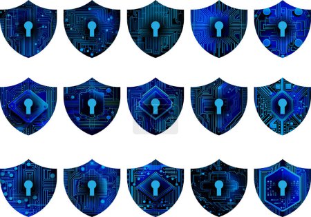 Foto de Conjunto de escudos azules con cerraduras sobre un fondo blanco. 3 d ilustración - Imagen libre de derechos