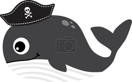 Téléchargez les photos : Mignon dessin animé baleine dans pirates chapeau sur fond blanc - en image libre de droit
