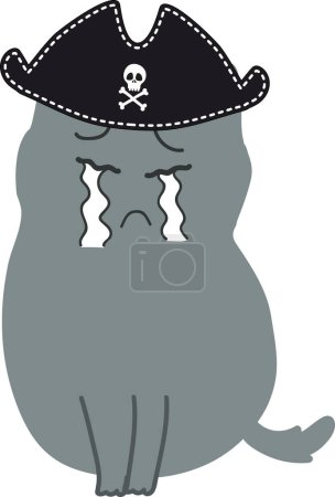 Téléchargez les photos : Triste chat de bande dessinée en pleurs pirates chapeau isolé sur fond blanc - en image libre de droit