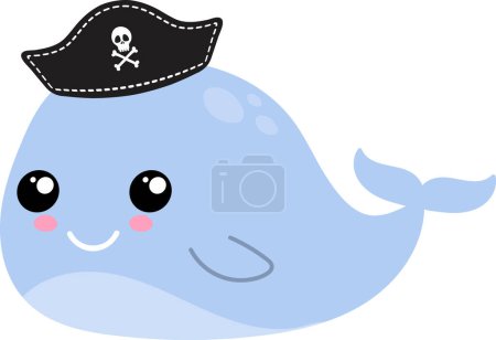 divertida ballena de dibujos animados en sombrero de piratas sobre fondo blanco
