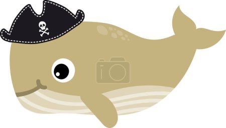 Foto de Divertida ballena de dibujos animados en sombrero de piratas sobre fondo blanco - Imagen libre de derechos