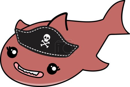Téléchargez les photos : Personnage de requin dessin animé en chapeau de pirates, illustration sur fond blanc - en image libre de droit