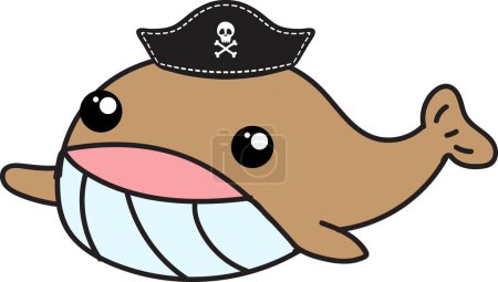 Téléchargez les photos : Drôle de dessin animé baleine dans pirates chapeau sur fond blanc - en image libre de droit