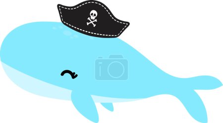 Téléchargez les photos : Mignon dessin animé baleine de mer en chapeau de pirates, illustration sur fond blanc - en image libre de droit