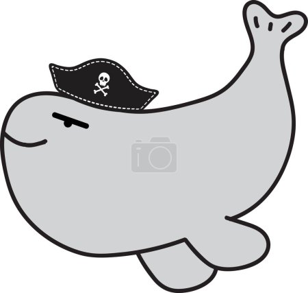 Téléchargez les photos : Mignon dessin animé baleine de mer en chapeau de pirates, illustration sur fond blanc - en image libre de droit