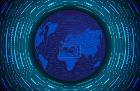 Illustration for Blue cyber system button. digital technology background. global network map - Royalty Free Image