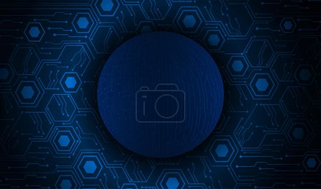 Ilustración de Fondo de tecnología abstracta azul oscuro con partículas de circuito cibernético alrededor de esfera grande. Tecnología futura y concepto de red global - Imagen libre de derechos