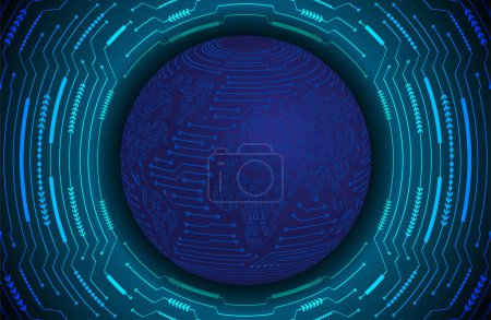 Illustration for Dark blue abstract technology background with cyber circuit particles around Earth globe. Future technology and global network concept - Royalty Free Image