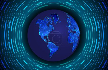 Téléchargez les illustrations : Réseau technologique mondial. monde carte de circuit binaire technologie future, fond de concept de cybersécurité hud bleu. 3 d rendu. - en licence libre de droit