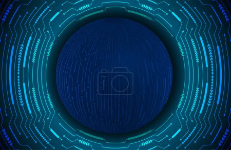 Ilustración de Fondo de tecnología abstracta azul oscuro con partículas de circuito cibernético alrededor de esfera grande. Tecnología futura y concepto de red global - Imagen libre de derechos