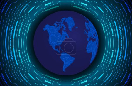 Illustration for Global technology network. world binary circuit board future technology, blue hud cyber security concept background. 3 d rendering. - Royalty Free Image