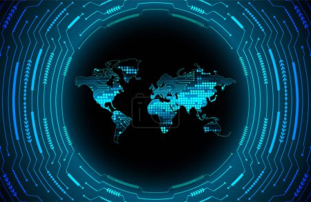 Téléchargez les illustrations : Bouton bleu du cybersystème. fond de la technologie numérique. carte du réseau mondial - en licence libre de droit