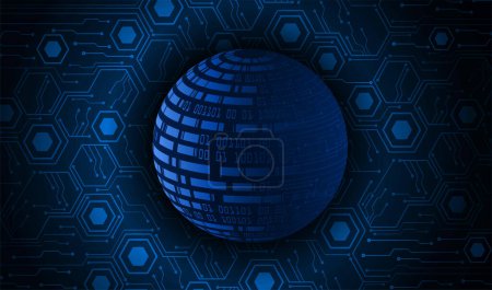 Illustration for Dark blue abstract technology background with cyber circuit particles around big sphere. Future technology and global network concept - Royalty Free Image