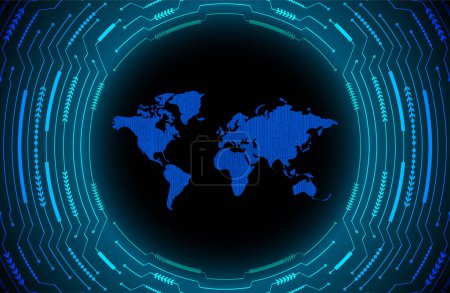 Téléchargez les illustrations : Bouton bleu du cybersystème. fond de la technologie numérique. carte du réseau mondial - en licence libre de droit