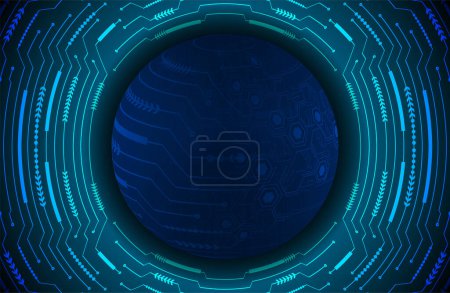 Téléchargez les illustrations : Fond technologique abstrait bleu foncé avec des particules de cybercircuit autour de la grande sphère. Technologie future et concept de réseau mondial - en licence libre de droit
