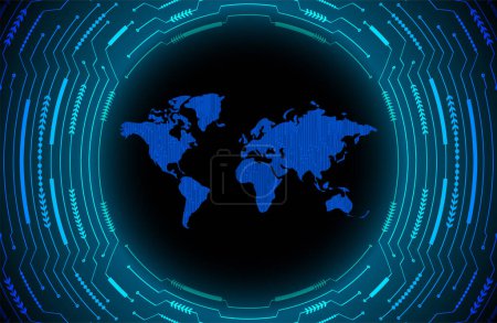 Ilustración de Botón azul del sistema cibernético. fondo de tecnología digital. mapa de red global - Imagen libre de derechos