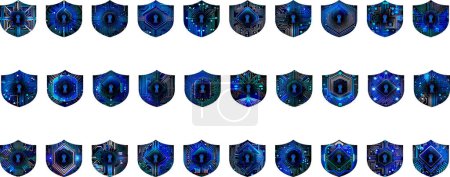 Illustration for Set of blue shields with locks on a white background. 3 d illustration - Royalty Free Image