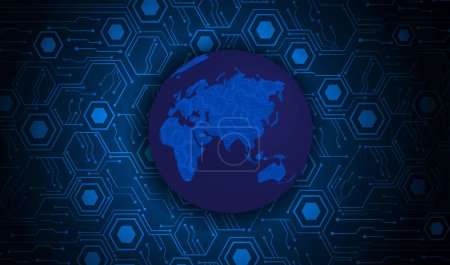 Illustration for Binary circuit board future technology, blue cyber security concept background. world map. - Royalty Free Image