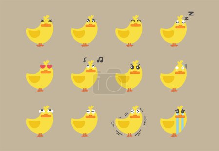 Téléchargez les illustrations : Un bouquet d'oiseaux jaunes avec différentes expressions - en licence libre de droit
