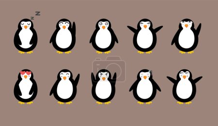 Téléchargez les illustrations : Ensemble de personnages de dessins animés pingouins. illustration vectorielle - en licence libre de droit