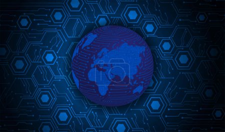 Téléchargez les illustrations : Carte de circuit binaire technologie future, fond bleu de concept de cybersécurité. carte du monde. - en licence libre de droit
