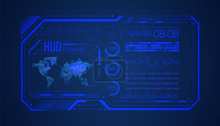 Ilustración de Placa de circuito binario tecnología futura, fondo concepto de seguridad cibernética azul. mapa del mundo. - Imagen libre de derechos
