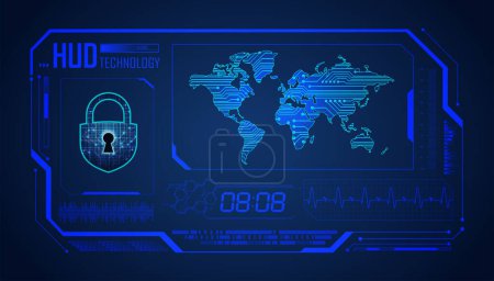 Téléchargez les illustrations : Carte de circuit binaire technologie future, fond bleu de concept de cybersécurité. carte du monde. - en licence libre de droit