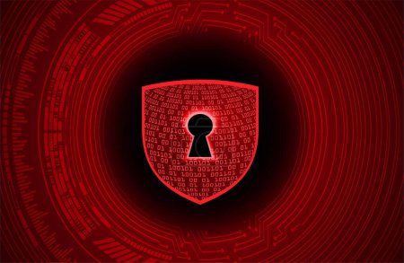 Ilustración de Concepto de escudo de seguridad cibernética con agujero rojo sobre fondo oscuro - Imagen libre de derechos
