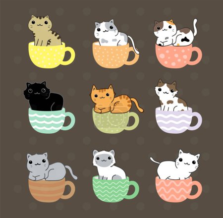 Ilustración de Conjunto de gatos en tazas, ilustración vectorial - Imagen libre de derechos
