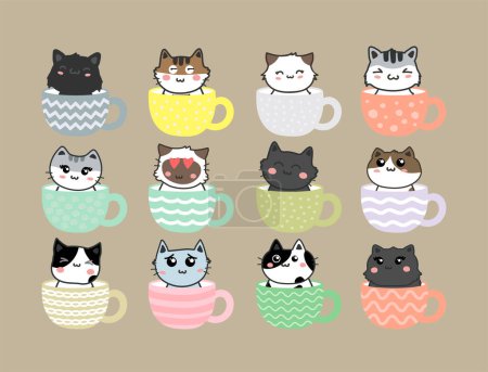 Ilustración de Conjunto de gatos en tazas, ilustración vectorial - Imagen libre de derechos