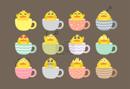 Ilustración de Conjunto de pequeños pájaros de dibujos animados lindo en copas con diferentes emociones. ilustración vectorial - Imagen libre de derechos
