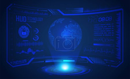 Téléchargez les illustrations : HUD world circuit board future technologie, hud bleu concept de cybersécurité arrière-plan - en licence libre de droit