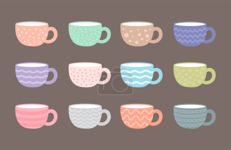 Illustration for Collection of different modern cups decorated with design elements vector flat illustration - Royalty Free Image