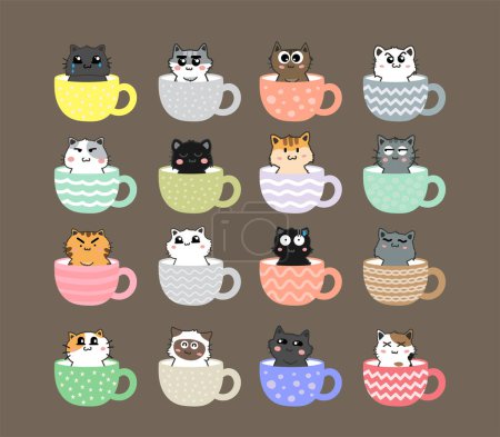 Téléchargez les illustrations : Illustration vectorielle de dessin animé mignon de chats et tasses de dessin animé mignon - en licence libre de droit