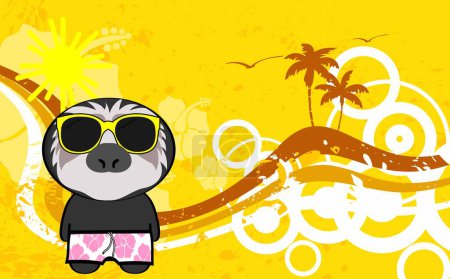 sloth bear cartoon with summer clothings tropical hawaiian background illustration in vector format