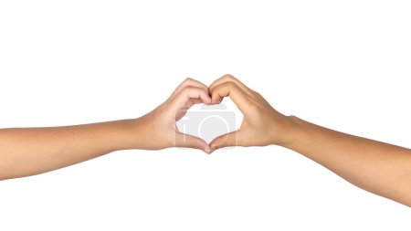 Foto de Un par de manos en forma de corazón de amor aisladas sobre fondo blanco. Recorte de ruta incluido - Imagen libre de derechos